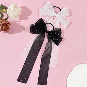 Eleganter Tüll Bogen Haargummi mit funkelnden Pailletten und langen Bändern in Schwarz und Weiß