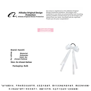 Detailed view of the white bow hair scrunchie with long ribbons and polyester material info