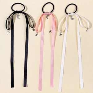 Three-piece satin ribbon hair ties set with silver moon and star charms in pink black white