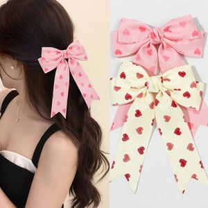 Sweet Heart Print Bow Hair Clip For Women Satin Ribbon Streamer Hairpin Elegant Princess Style Headwear Hair Accessory