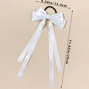White satin ribbon hair bow tie showing detailed dimensions of 5.20 by 11.42 inches