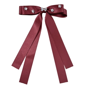 Elegant wine red satin bow hair clip with sparkling rhinestones and long flowing ribbons