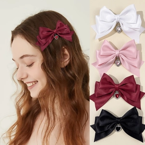 Süße Satinband Schleife Haarspange Mit Herz Strass Anhänger Vintage Lolita Seite Schiebe Haarzubehör Für Damen Mädchen