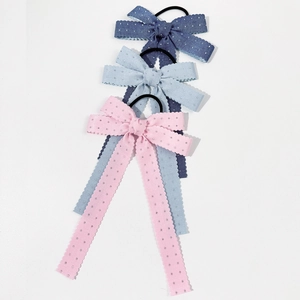 Lot de 3 chouchous nœuds avec strass et longs rubans en styles denim bleu et rose pastel