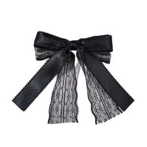 Elegant black satin and lace double-layered bow hair clip with a stylish minimalist design