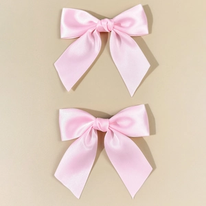 Sweet light pink satin bow hair clips set with glossy silk finish for elegant girls