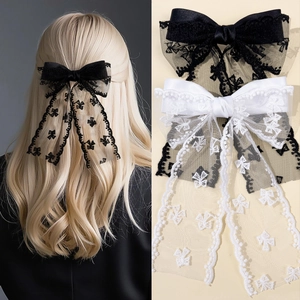 Women Elegant Oversized Lace Bow Hair Clip Satin Mesh Embroidered Ribbon Spring Clip French Sweet Hair Accessory