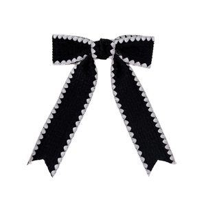 Elegant French vintage black velvet bow hair clip with white embroidered lace edge