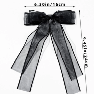 Detail showing dimensions of black mesh bow hair clip with silver glitter edge