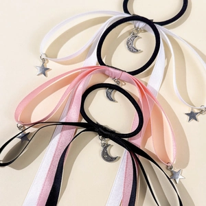 Elegant satin bow hair scrunchies set with metallic star and moon charms for women