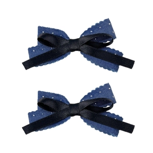 Sweet ballet style bow hair clips with navy blue polka dot denim and black satin ribbon