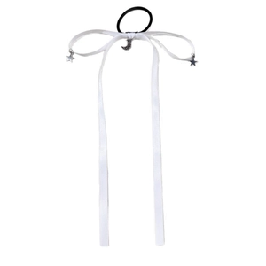 Sweet white satin bow hair tie with silver star and moon charms on black elastic band