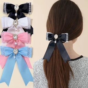 Vintage Palace Style Lace Bow Hair Clip Elegant Rhinestone Faux Artificial Pearl Spring Clip Ribbon Hair Accessories For Women