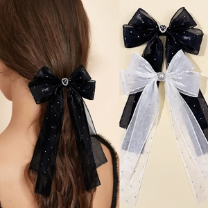Pince à Cheveux Nœud Papillon en Maille Douce Avec Cœur Strass Long Ruban Épingle à Cheveux Élégante à Pampille pour Femme Accessoires