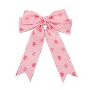 Sweet pink bow hair clip with heart print and long ribbons for elegant girls