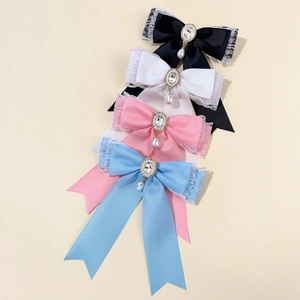 Sweet Lolita lace bow hair clips set with rhinestone and pearl pendant details