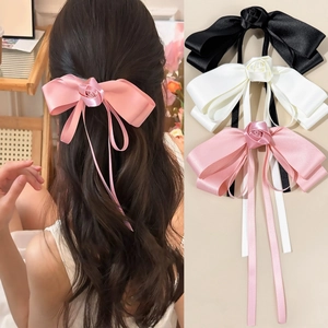 Elegant Handmade Satin Ribbon Bow Hair Clip With Rose Long Streamers Sweet French Style Hair Accessory For Women Party