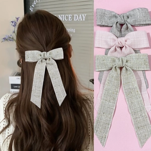 French Style Large Bowknot Ribbon Hair Clip For Women Tweed Texture Woven Fabric Long Streamer Duckbill Clip Elegant Retro Hair Accessories