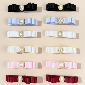 Lot de 12 barrettes à cheveux à nœud triple en satin avec perle en 6 coloris