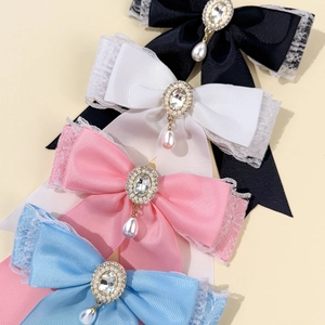 Lace bow hair clip with rhinestone and pearl pendant in four elegant colors