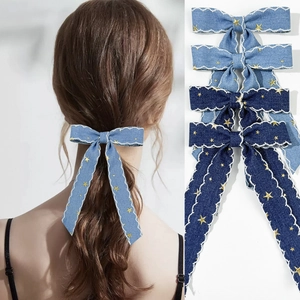 Pince à Cheveux Nœud en Denim Mode Femme Avec Broderie Étoile d'Or Doux Rétro Bord Festonné Accessoires de Coiffure