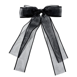 Elegant black organza oversized bow hair clip with long ribbons on white background