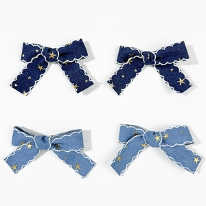 Lot de barrettes nœuds en denim à motif d'étoiles bleu foncé et clair avec broderie