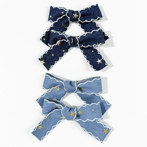 Ensemble de barrettes à nœud en jean avec étoiles dorées et bords festonnés pour femmes