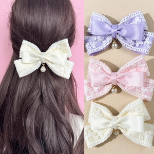 Elegant Lace Satin Bow Hair Clip With Imitation Artificial Pearl Pendant Sweet Flower Double Layer Hair Accessories For Women