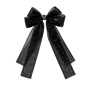 Barrette à cheveux nœud en tulle noir avec cœur en strass et pampilles scintillantes