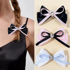 Korean Sweet Style Double Layered Satin Ribbon Bow Hair Clip Heart Rhinestone Duckbill Clip Fashion Hair Accessory For Women