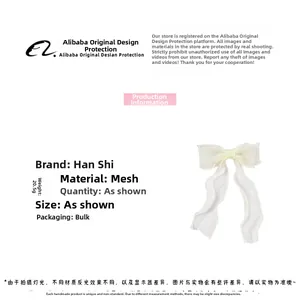 Detail showing white gauze bow hair clip with wave-edged ribbons and 20.5g lightweight texture