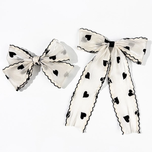 French Elegant Heart Print Bow Knot Hair Clip Mesh Organza Large Bowknot Hairpin With Streamers Sweet Hair Accessories For Women