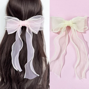 Elegant Artificial Pearl Trim Organza Mesh Bow Hair Clip With Long Streamers Sweet Fairy Style Spring Clip For Women