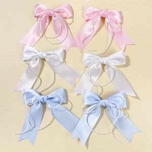 Women Sweet Satin Bow Hair Accessory Faux Artificial Pearl Chain Tassels Princess Hairpin Elegant Ponytail Styling Decoration For Girls