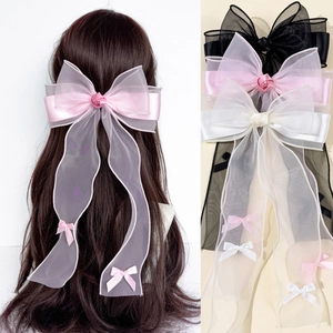French Elegant Large Mesh Bow Hair Clip With Long Streamers Sweet Fairy Organza Ribbon Bow Barrette For Women Hair Accessories