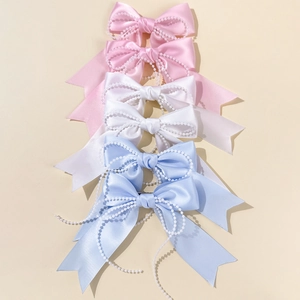 Three-color satin bow hair clips with white pearl bead fringe for women and girls