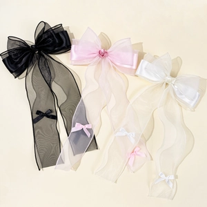 Three-piece set of mesh bow hair clips with long ribbons in black, pink and cream white