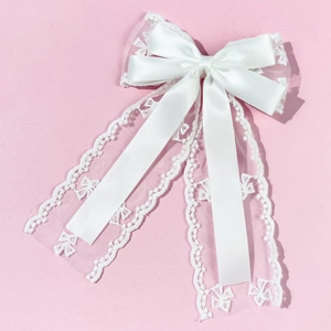 Elegant white lace bow hair clip with long embroidered butterfly streamers for women