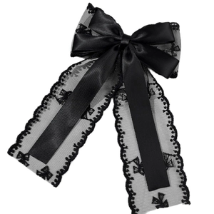 Elegant black satin hair clip with long lace ribbons and floral embroidery details