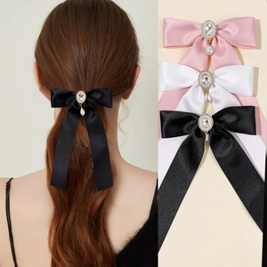 French Style Satin Bow Ribbon Hair Clip With Rhinestone Artificial Pearl Pendant Elegant Long Tassel Duckbill Clip For Women Hair Accessory