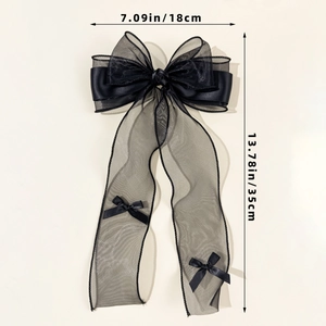 Detailed size chart for the elegant large black mesh bow hairclip with long streamers