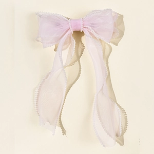 Pink tulle bow hair clip with pearl edges and long ribbons for elegant hairstyling