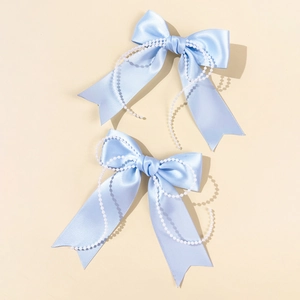 Set of two light blue satin bow hair clips with white pearl chains for women and girls