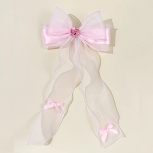 Elegant large pink mesh ribbon hair clip with silk rose and long trailing bow streamers