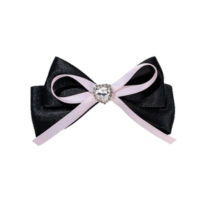 Elegant black satin hair clip with pink ribbon and sparkling heart rhinestone accent