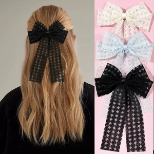 Barrette à Cheveux Nœud en Dentelle d'Été Élégante Ruban en Maille Grand Nœud Papillon Streamer Pince à Bec de Canard pour Femmes