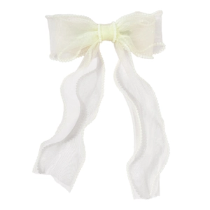 Elegant off-white tulle bow hair clip with faux pearl edges and a feminine romantic style