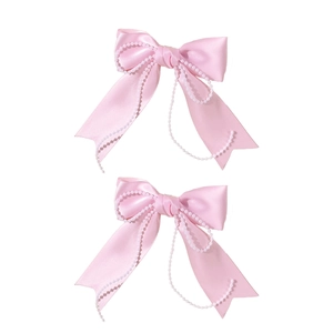 Pink satin bow hair clips set with elegant pearl chain decorations for women
