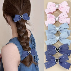 Pinces à Cheveux Douces en Ruban avec Nœud et Cœur en Strass pour Filles Barrettes à Bord Festonné Accessoires de Coiffure
